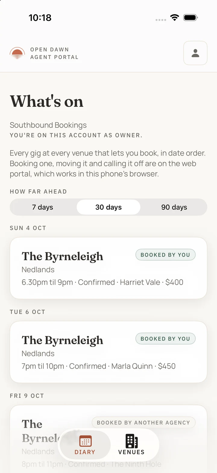 Booking agent build preview showing a diary with demonstration gigs