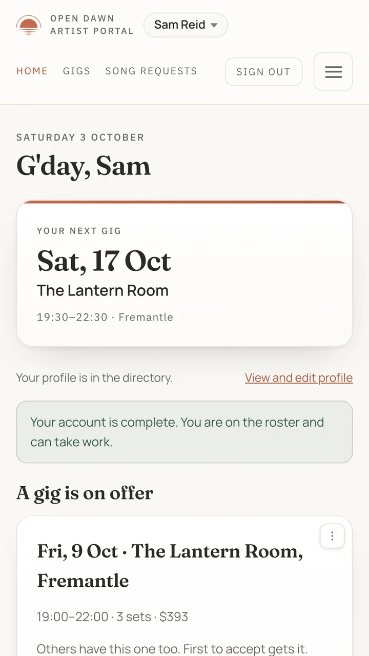 Example artist’s upcoming gig in the Android app