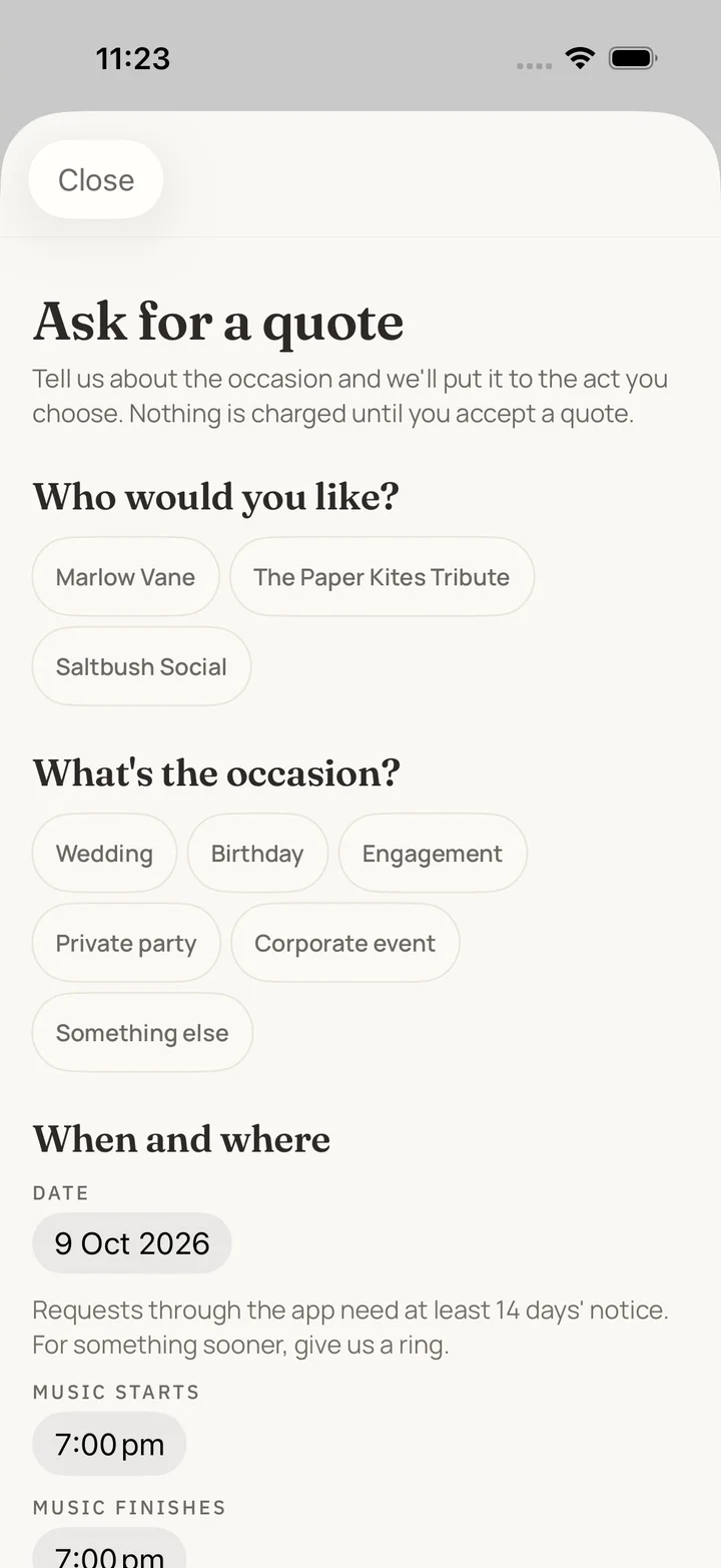 iPhone app quote request screen showing example artists and occasion choices