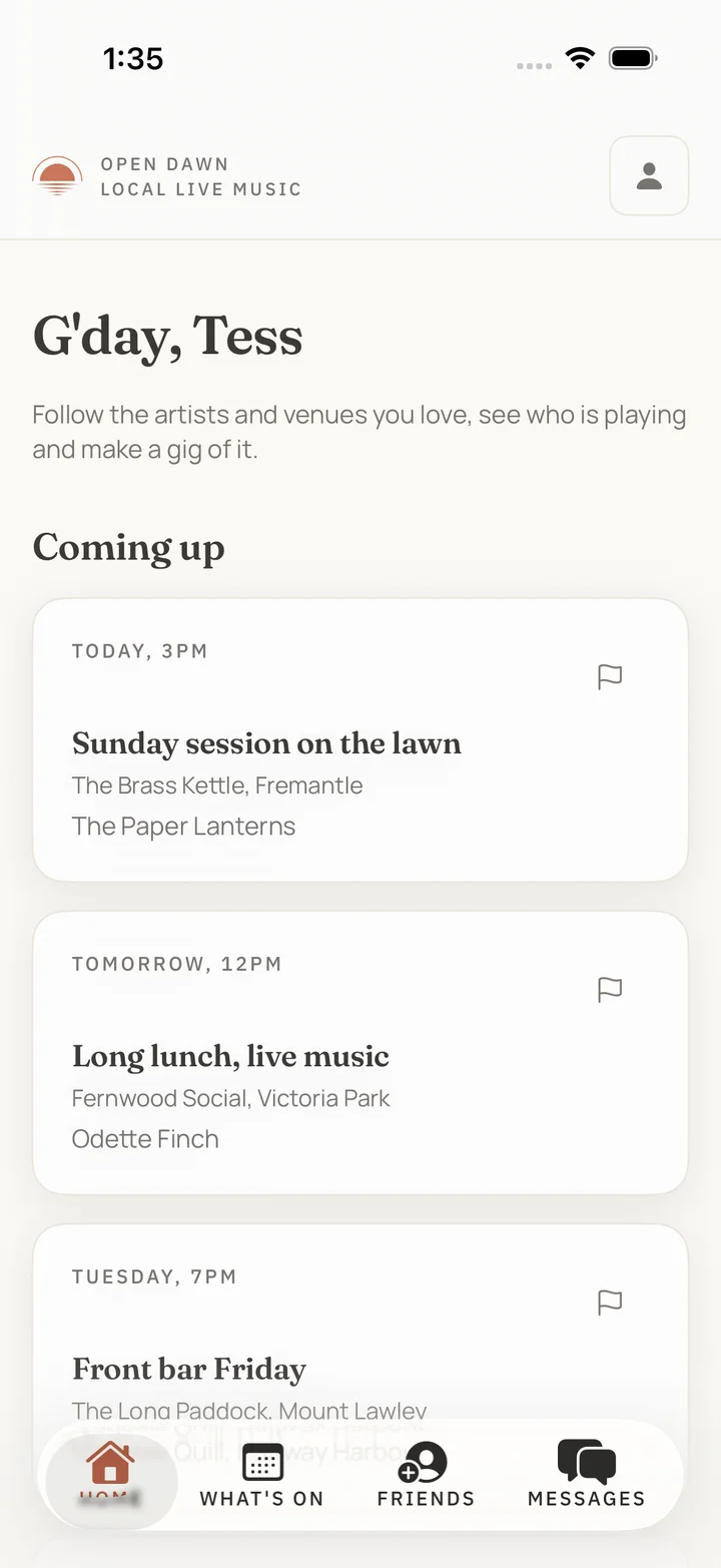 iPhone app showing fictional listener Tess and example upcoming gigs