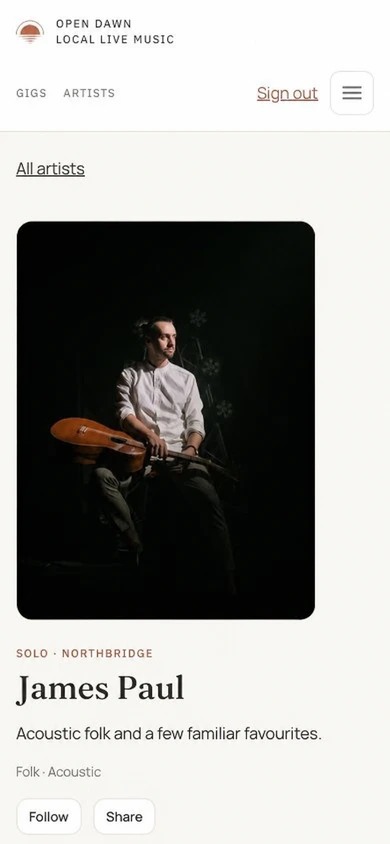 Web app artist profile showing fictional musician James Paul and the Follow button