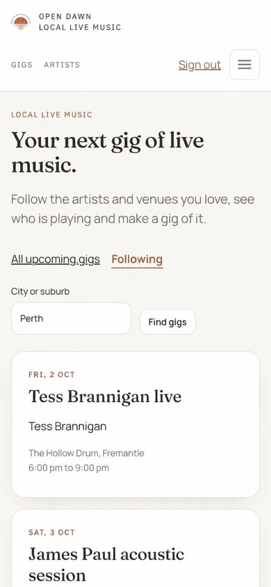 Web app view of a listener’s followed artists, using fictional profiles